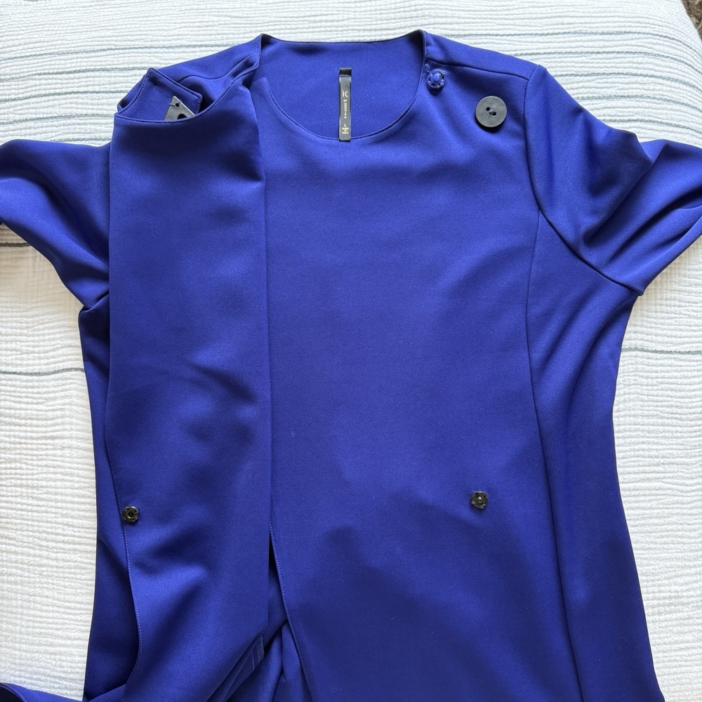 IC by Connie-K Womens L Cobalt Scuba Shift Dress Asymmetrical Buckle VTG 90s USA - Picture 3 of 11